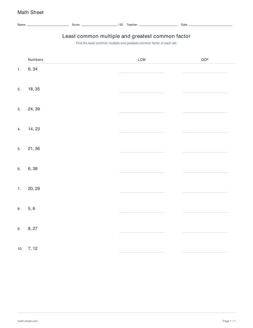 Printable lcm and gcf of two or three numbers worksheet preview