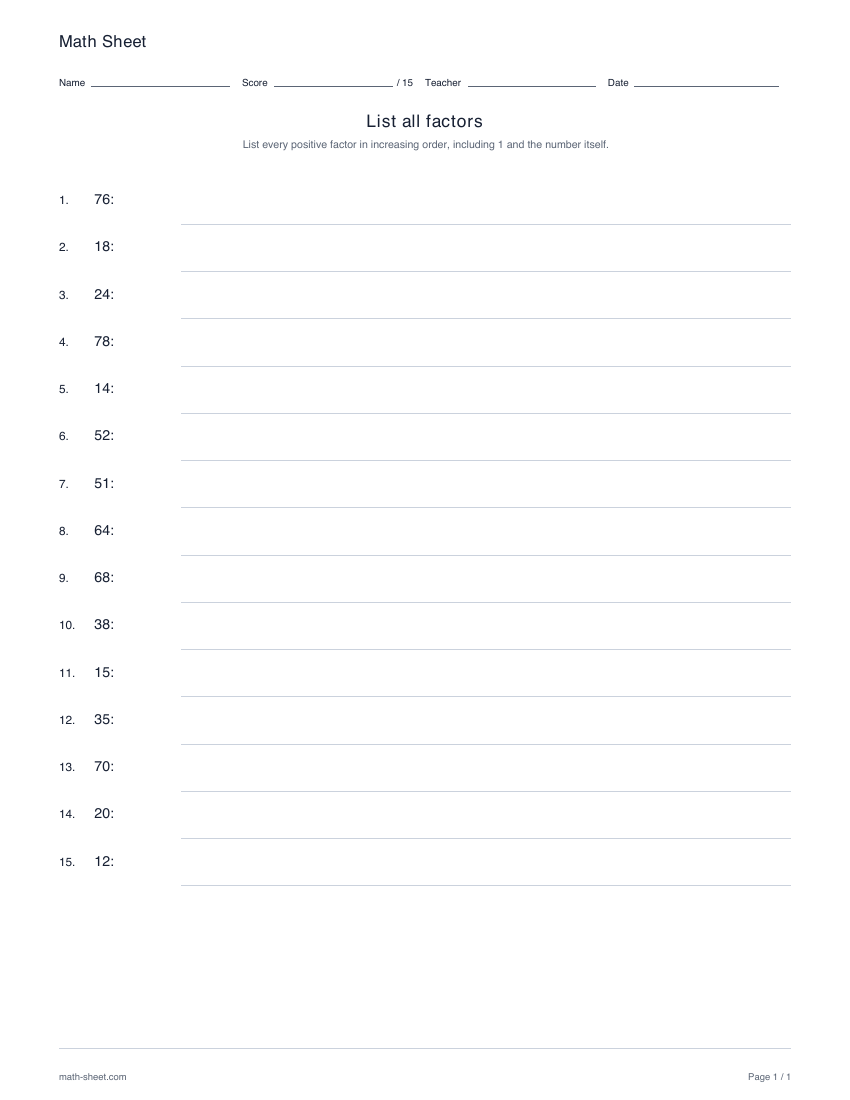 Printable list all factors worksheet preview