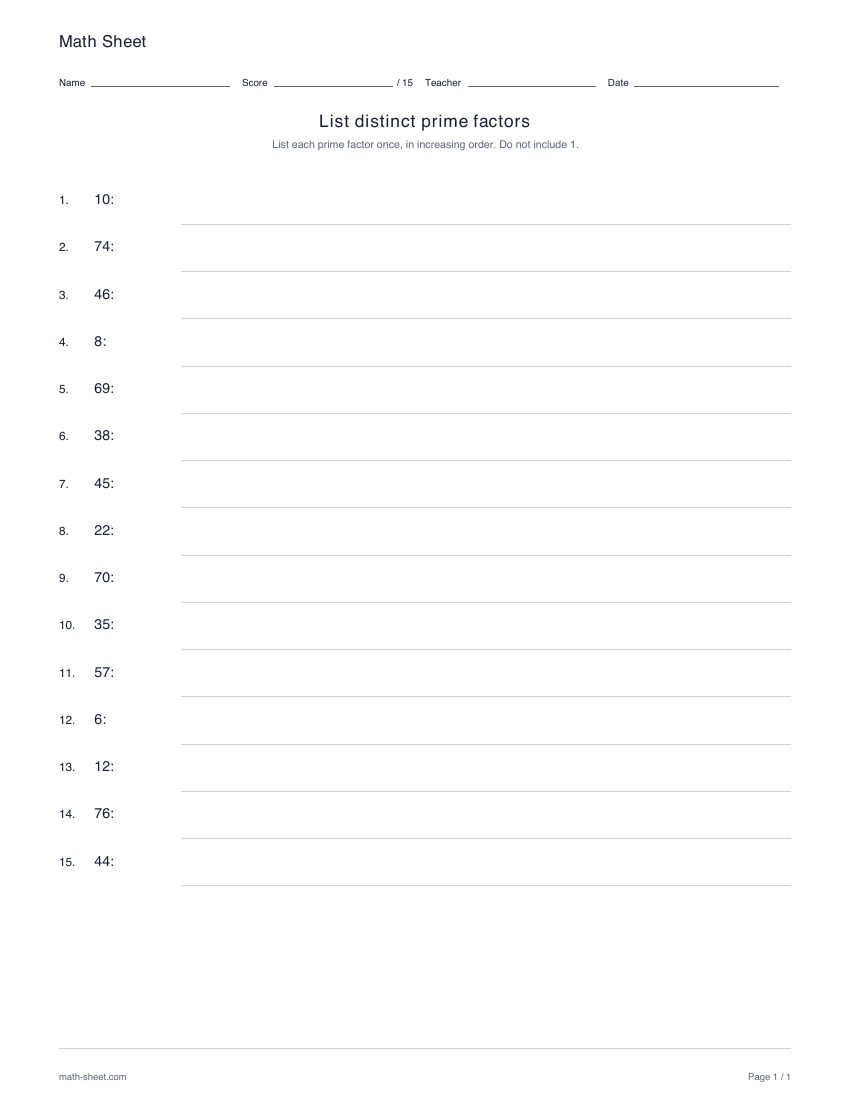 Printable list distinct prime factors worksheet preview