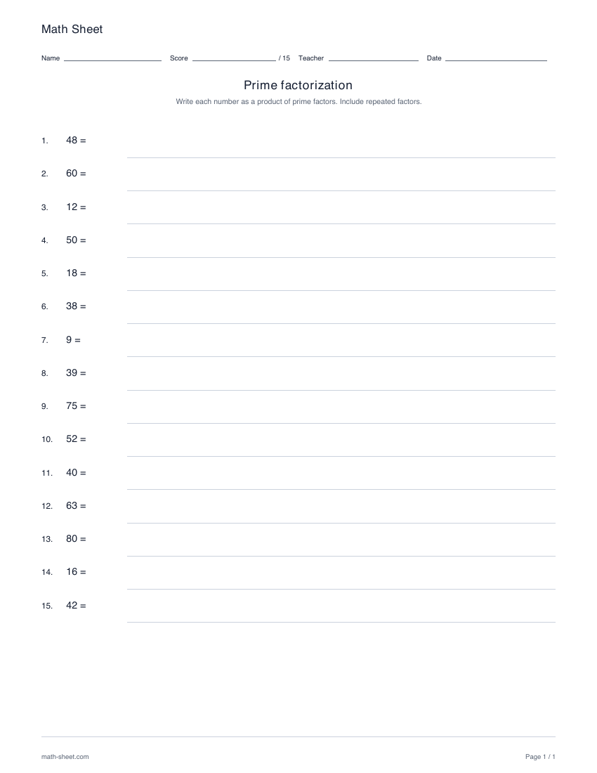 Printable prime factorization worksheet preview