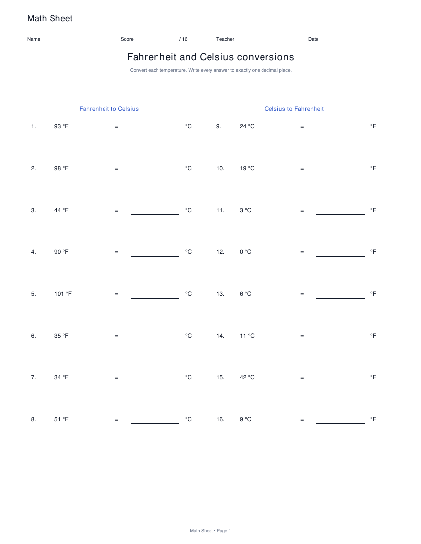 Printable fahrenheit and celsius conversions worksheet preview