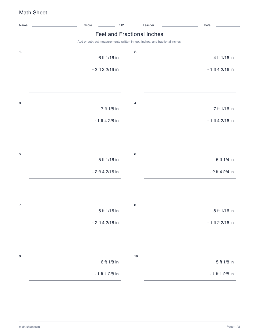 Printable feet and fractional inches worksheet preview