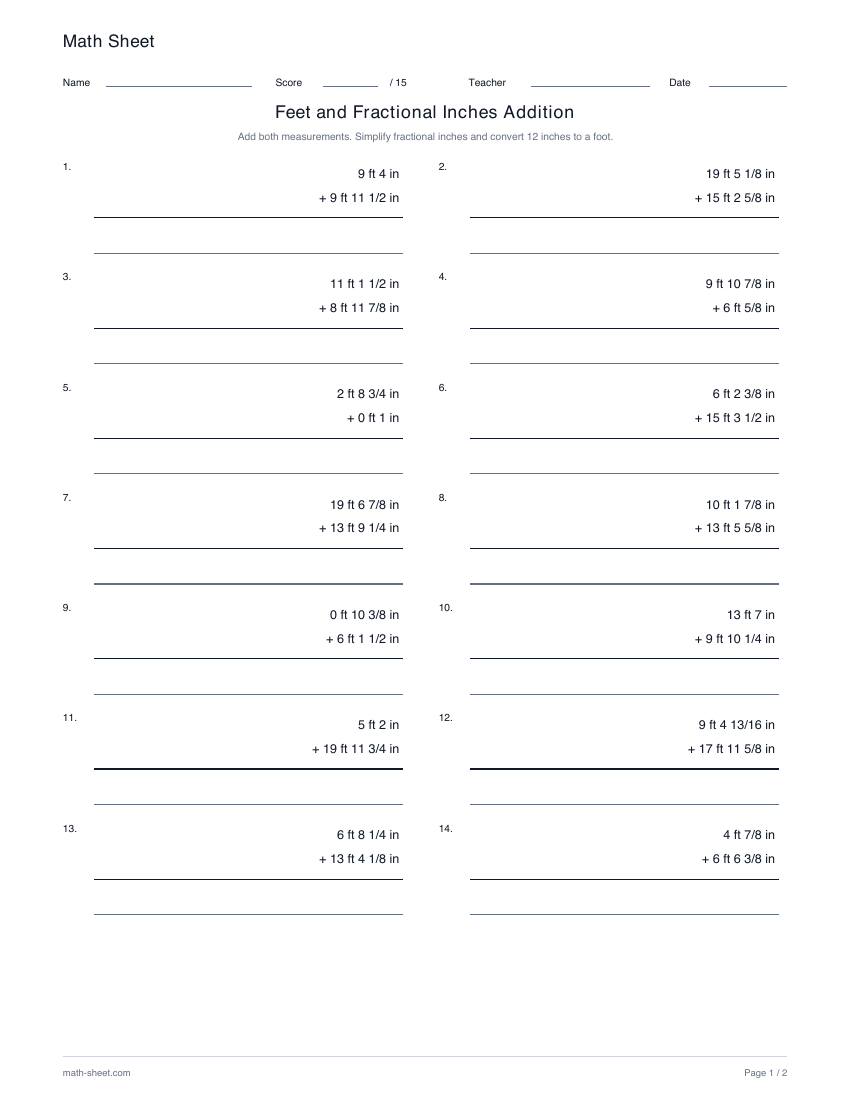 Printable add feet and fractional inches worksheet preview