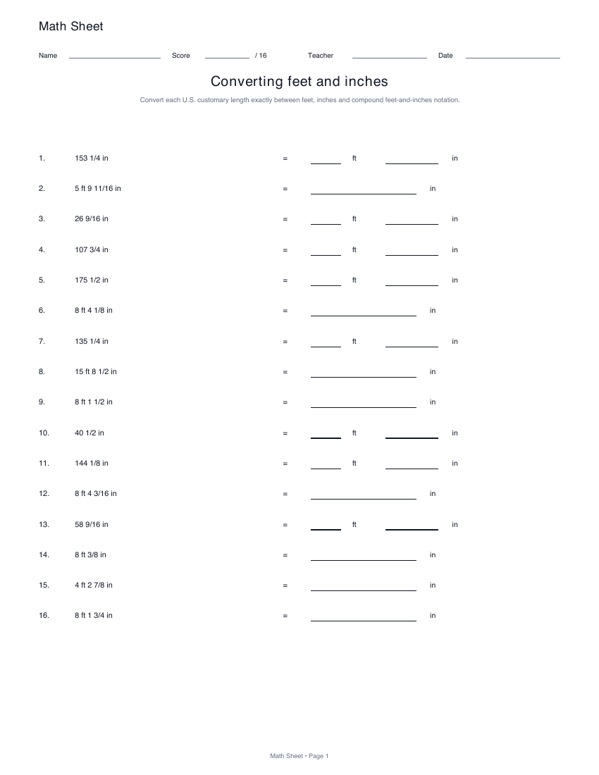 Printable converting feet and inches worksheet preview