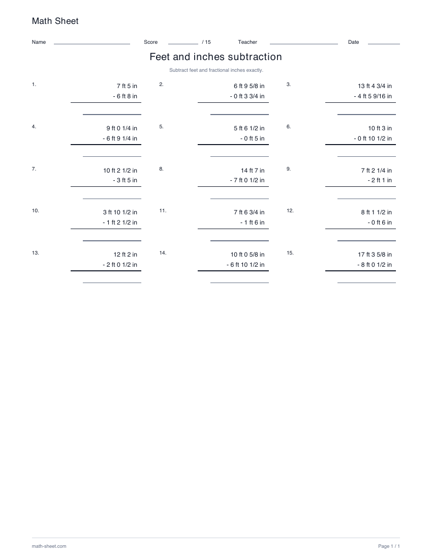 Printable subtract feet and fractional inches worksheet preview