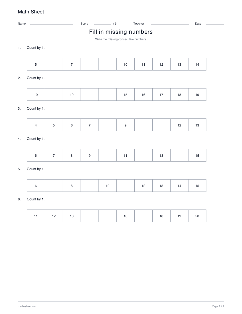 Printable fill in missing numbers worksheet preview