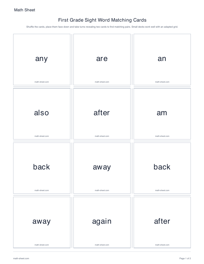Printable first grade sight word matching cards worksheet preview