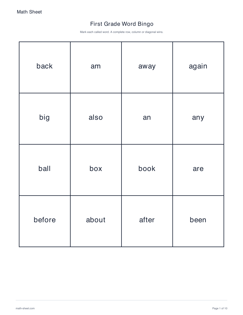 Printable first grade word bingo worksheet preview