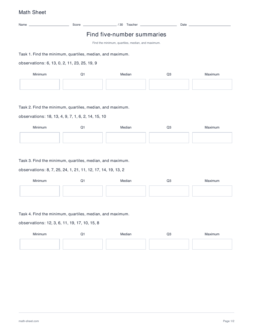 Printable five-number summaries worksheet preview