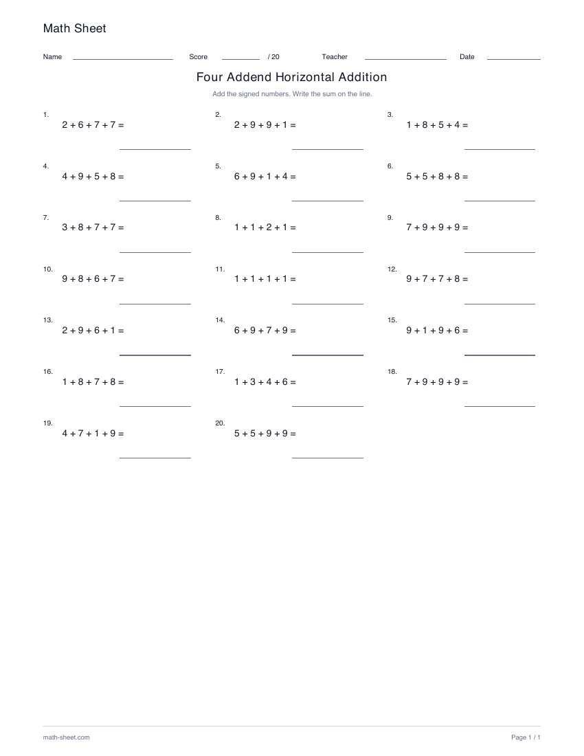 Printable four-addend horizontal addition worksheet preview