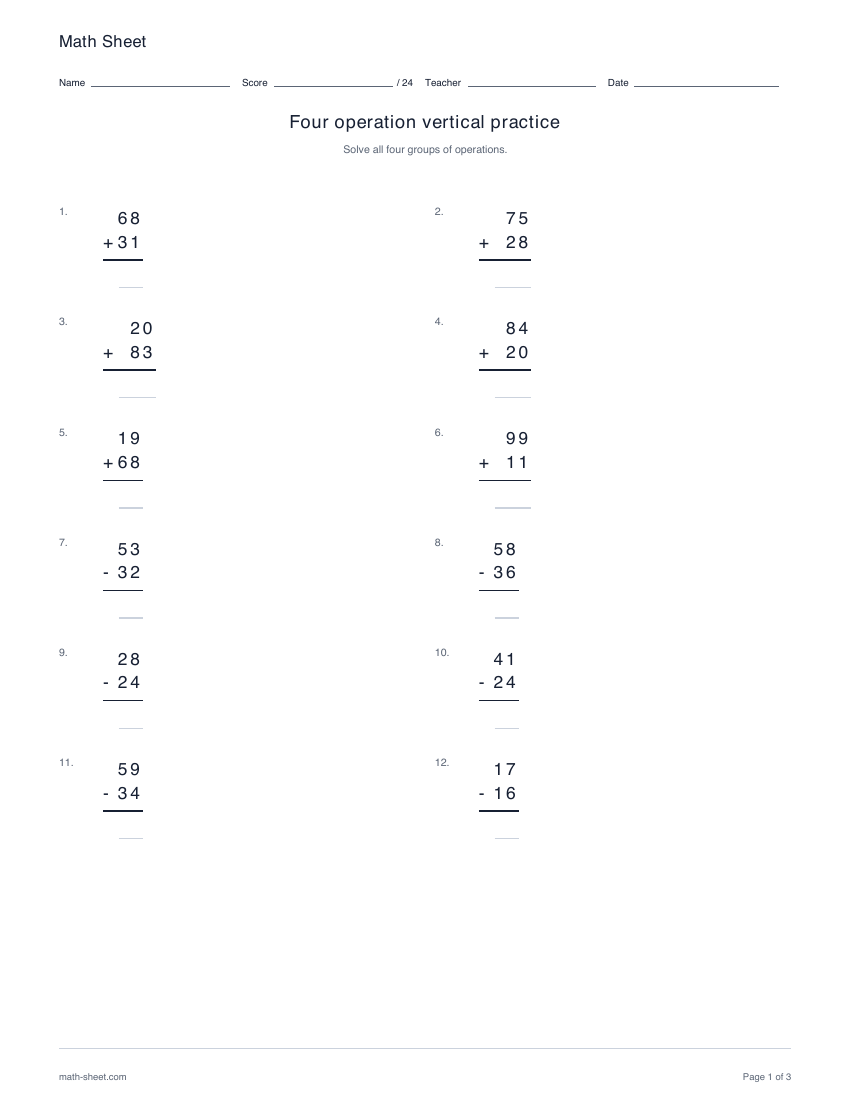 Printable four operation vertical practice worksheet preview