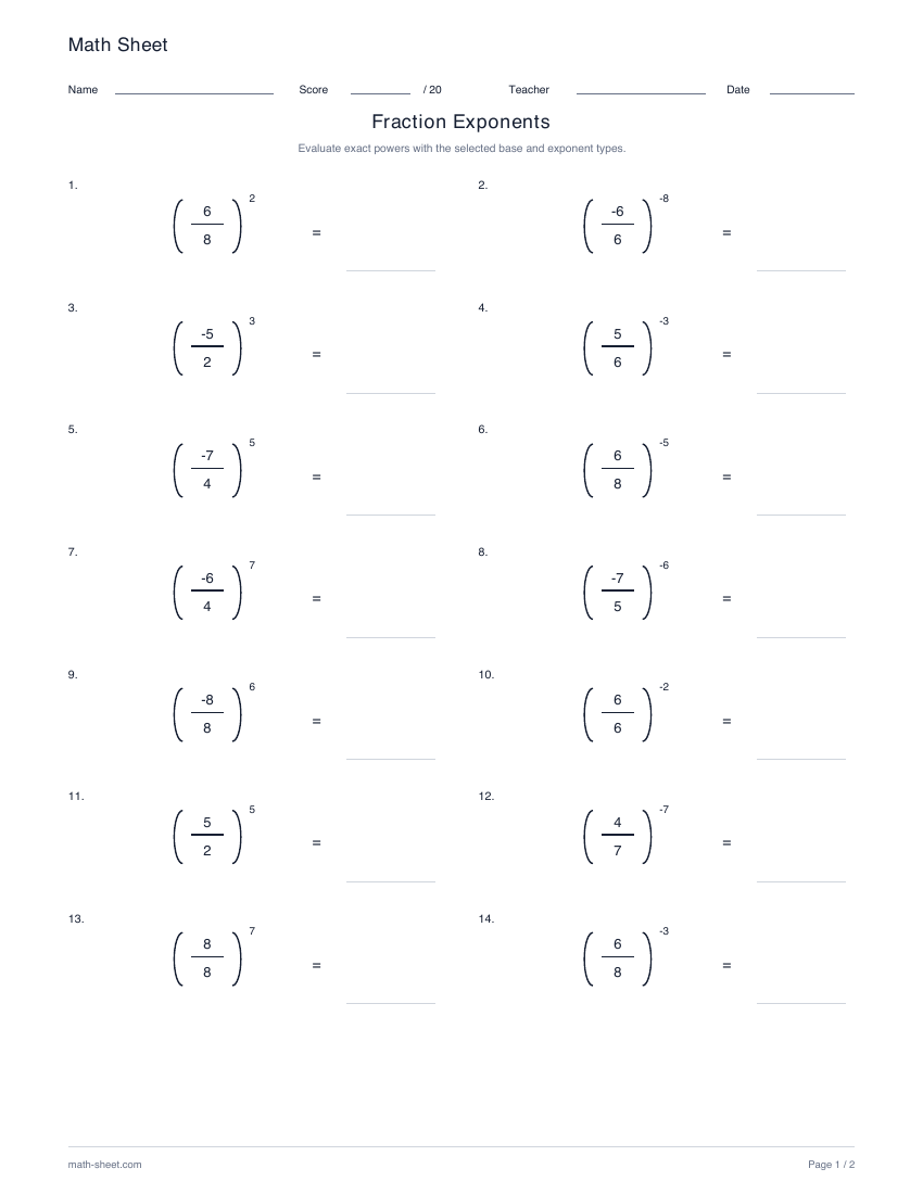 Printable powers of fractions worksheet preview