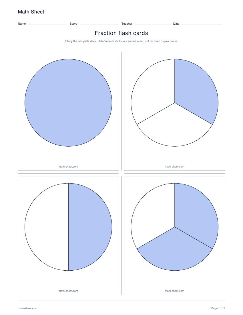 Printable fraction picture flash cards worksheet preview