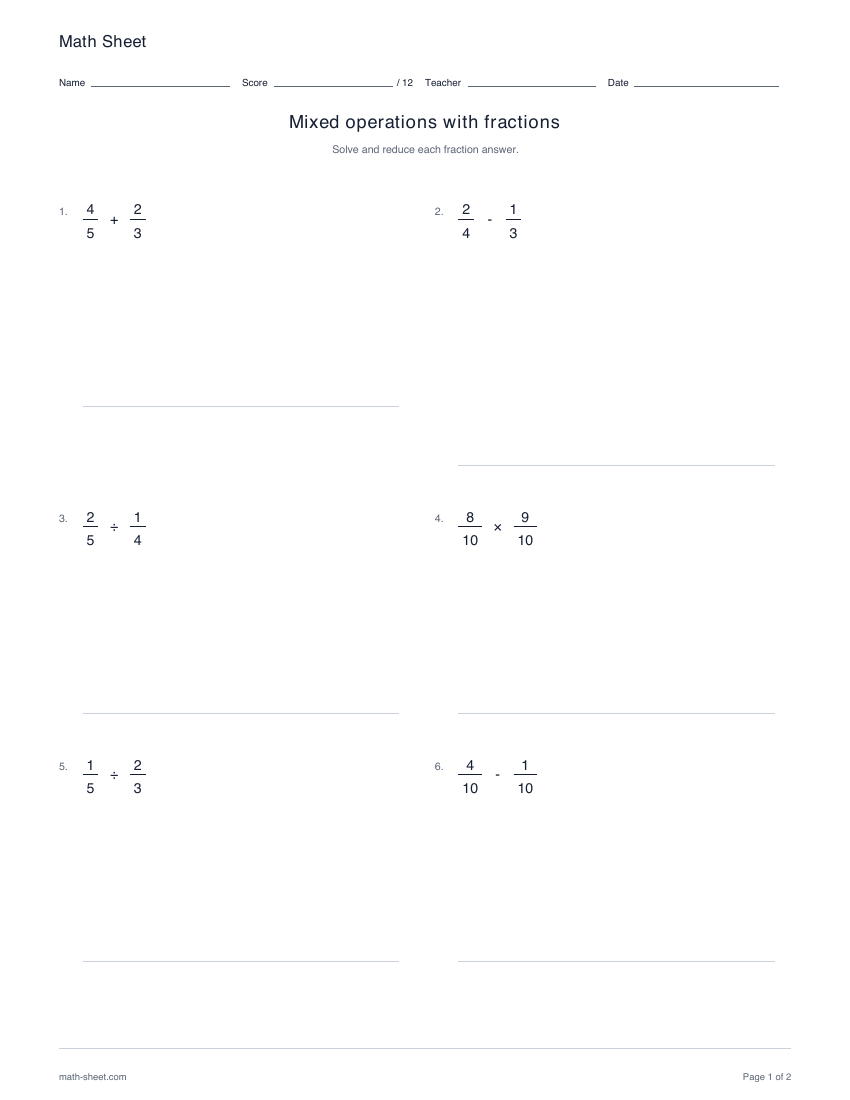 Printable mixed operations with fractions worksheet preview