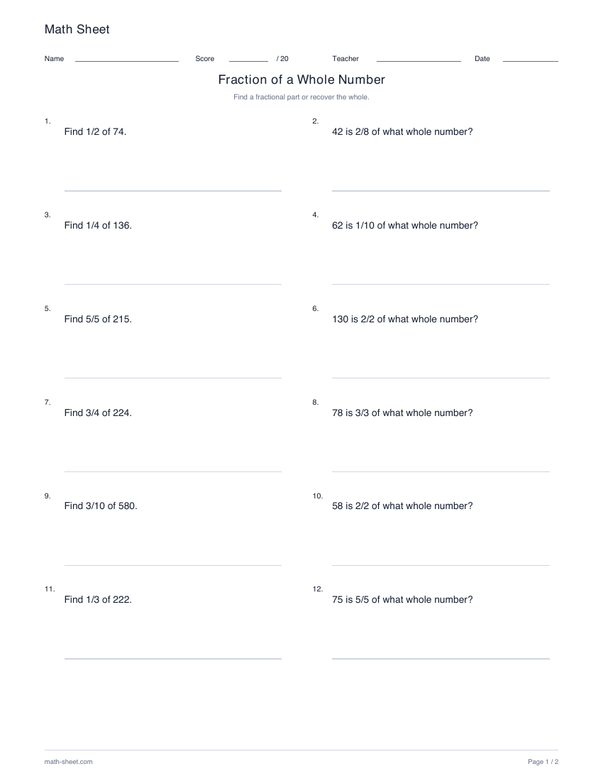 Printable find a fractional part or the whole worksheet preview