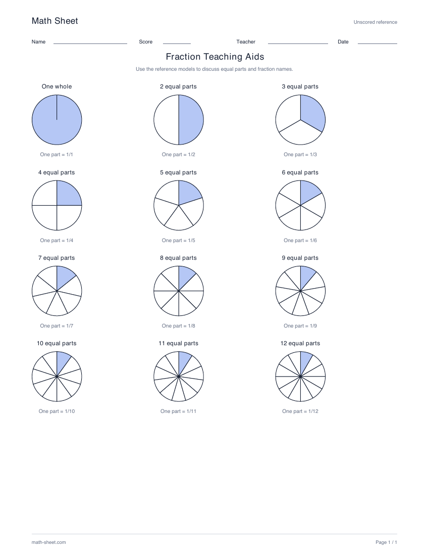 Printable fraction teaching aids worksheet preview
