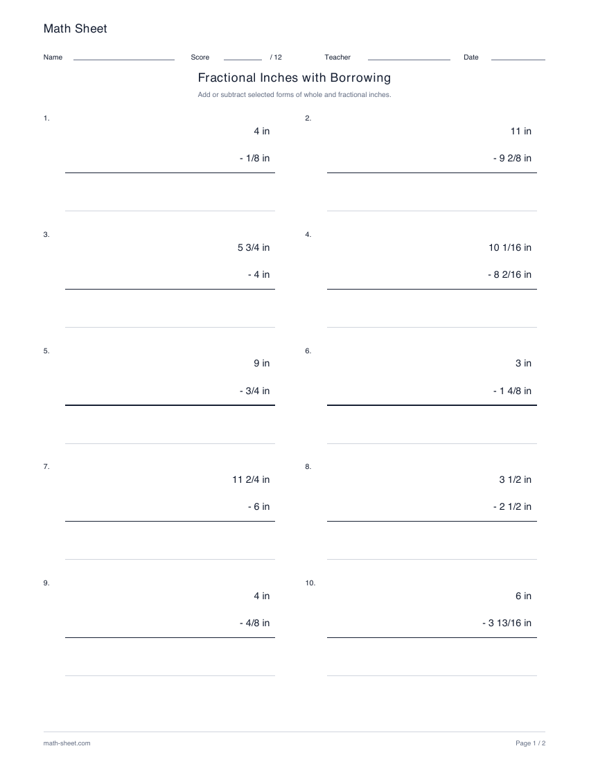 Printable fractional inches with borrowing worksheet preview