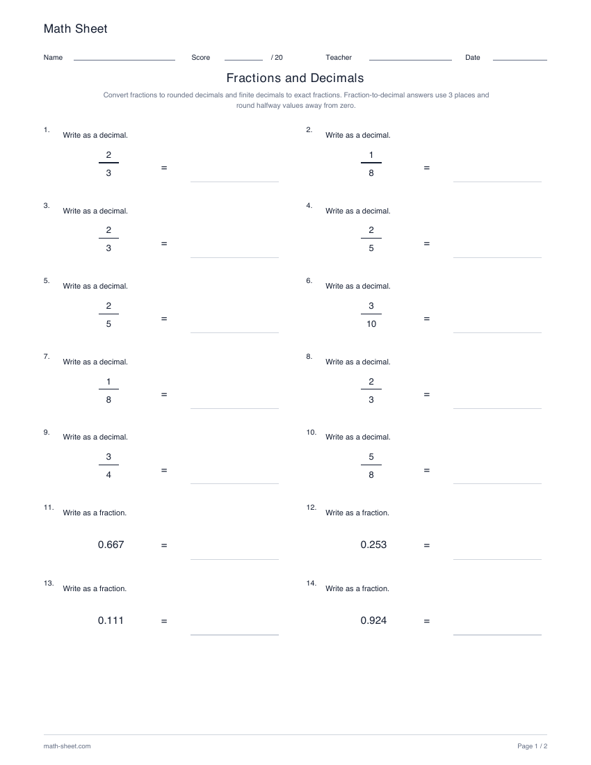 Printable convert fractions and decimals worksheet preview
