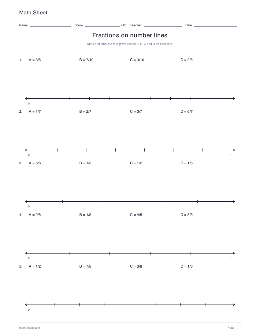 Printable fractions on a number line worksheet preview