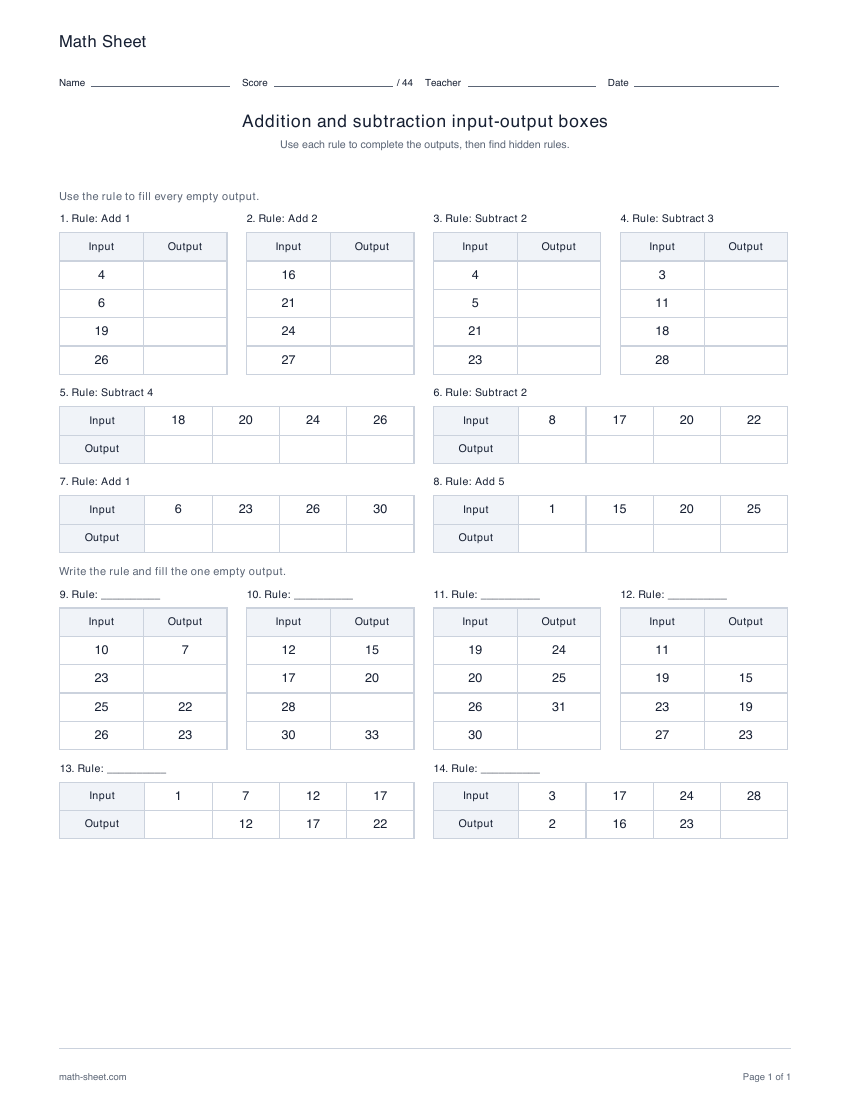 Printable addition and subtraction in-out boxes worksheet preview