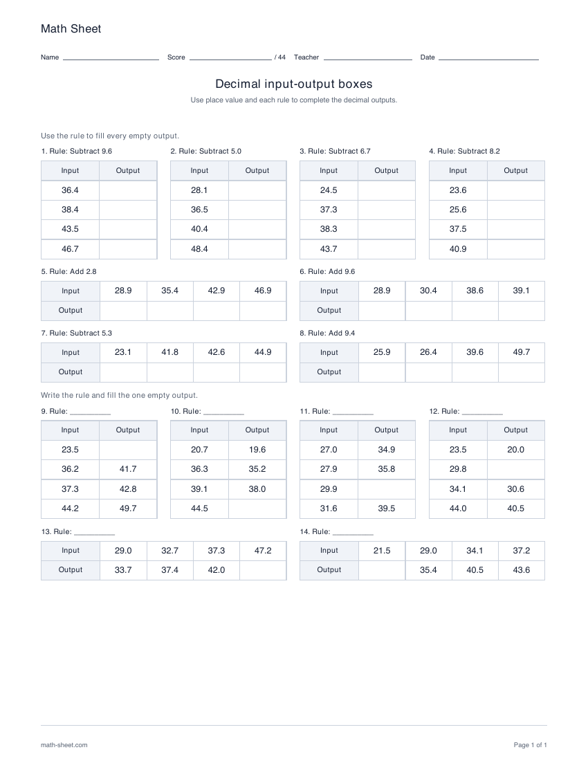 Printable decimal addition and subtraction in-out boxes worksheet preview