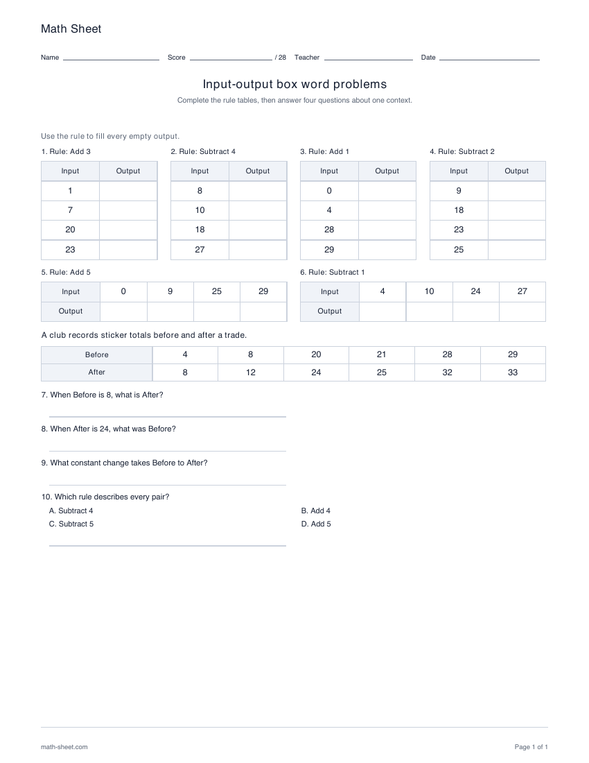 Printable input-output word problems worksheet preview