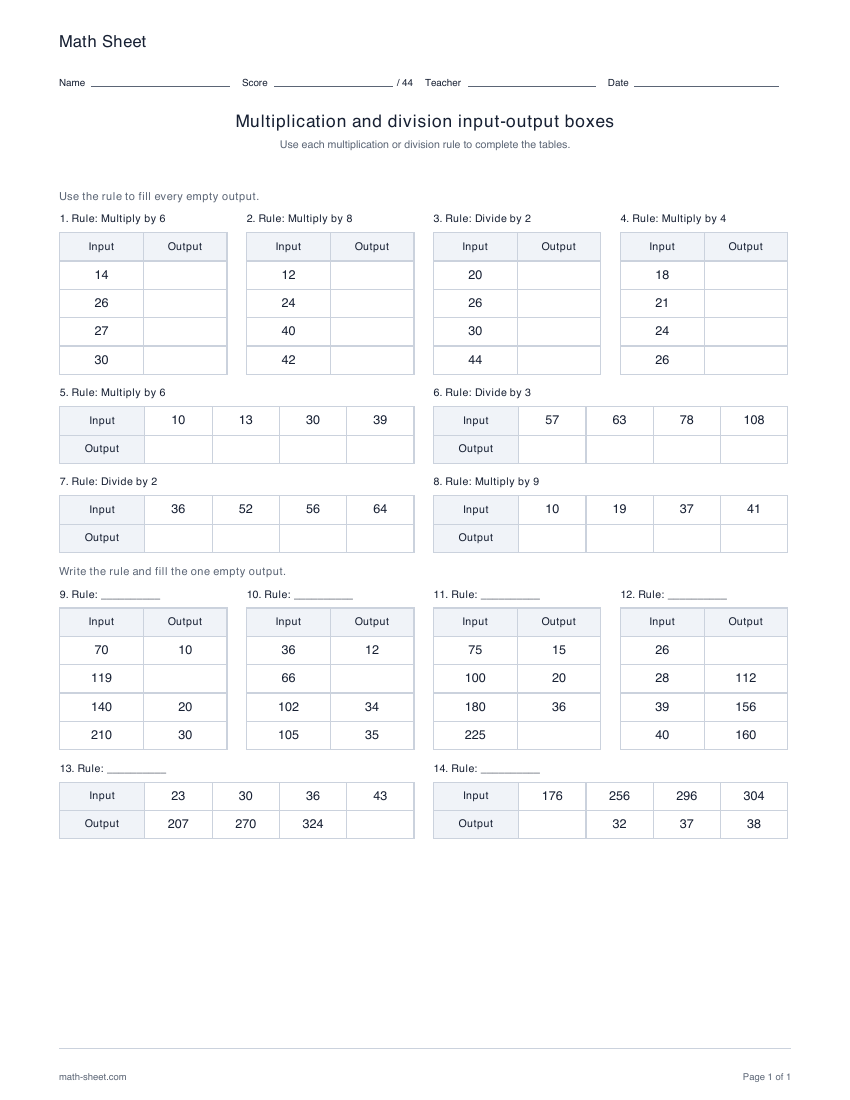 Printable multiplication and division in-out boxes worksheet preview