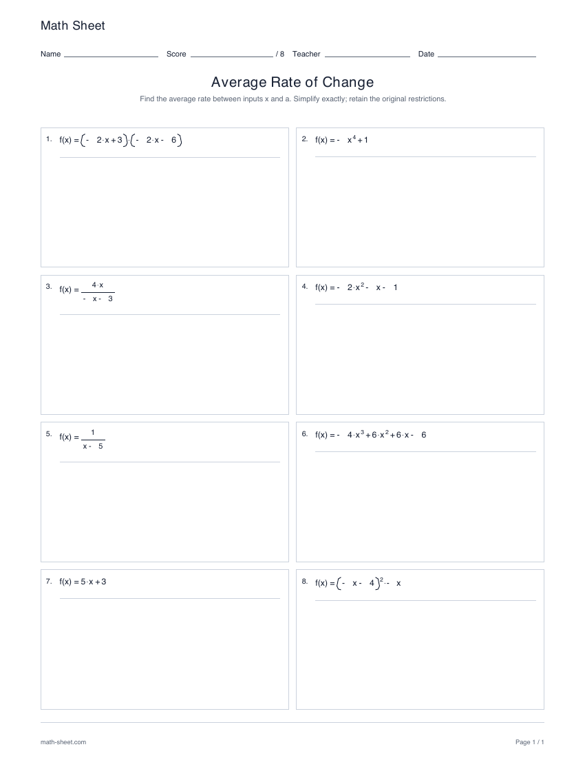 First page preview: Difference quotient worksheets
