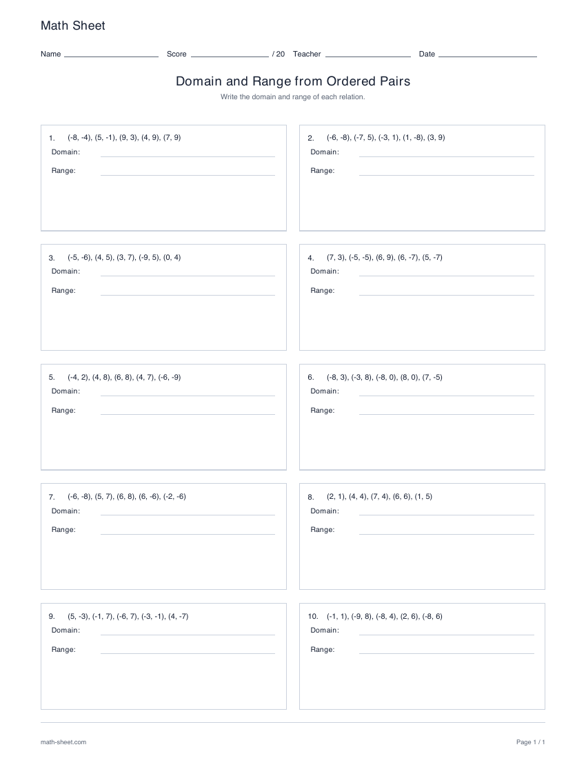 First page preview: Domain and range from ordered pairs worksheets