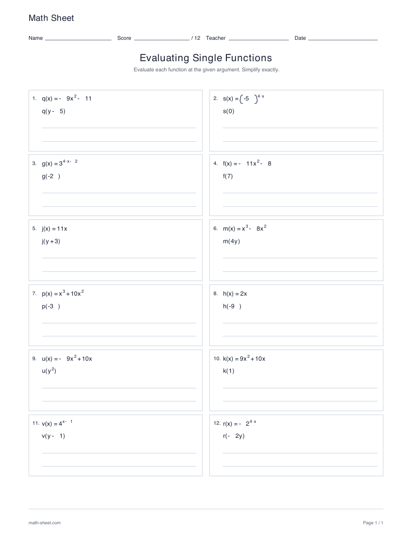 First page preview: Evaluating functions worksheets