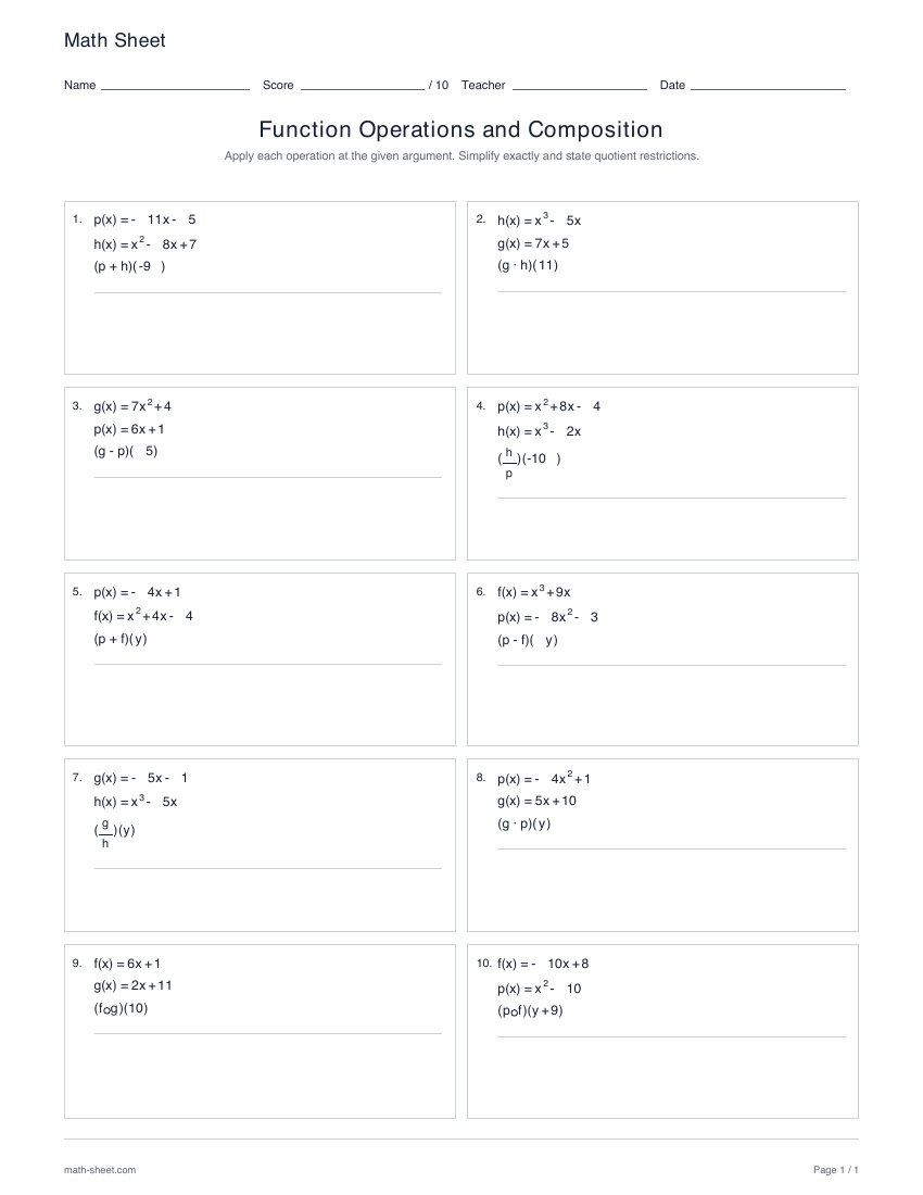 First page preview: Function operations and composition worksheets