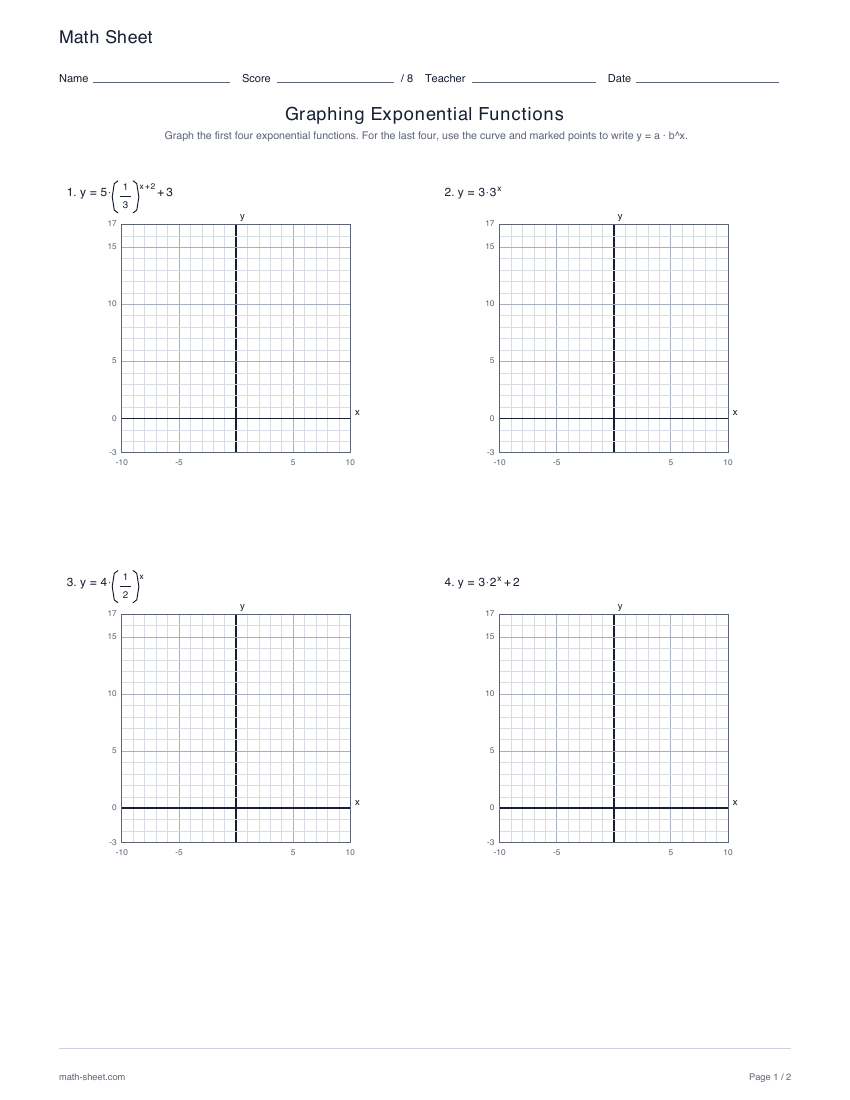 First page preview: Graphing exponential functions worksheets