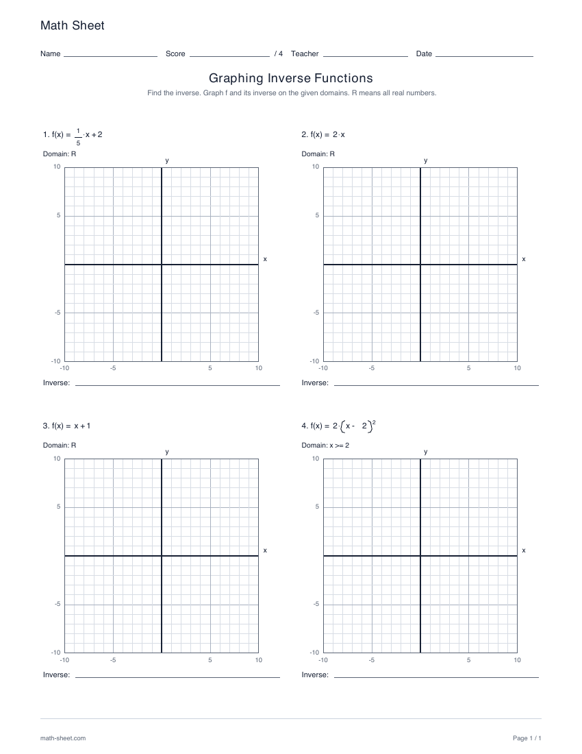 First page preview: Graphing inverse functions worksheets