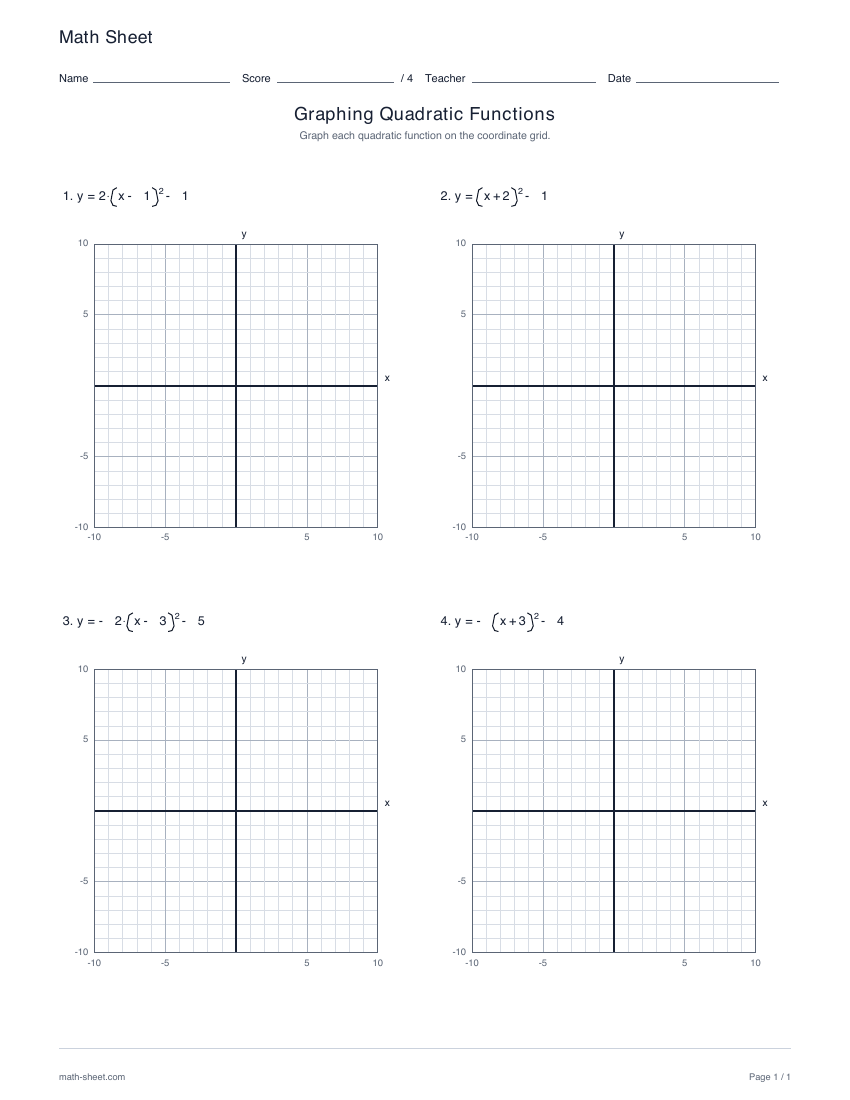 First page preview: Graphing quadratic functions worksheets
