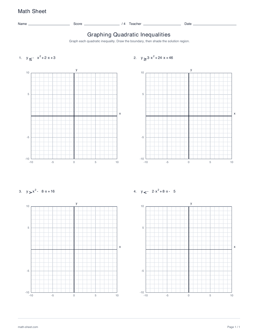 First page preview: Graphing quadratic inequalities worksheets