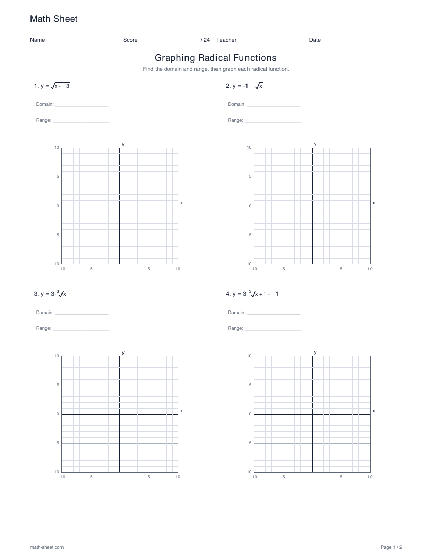 First page preview: Graphing radical functions worksheets
