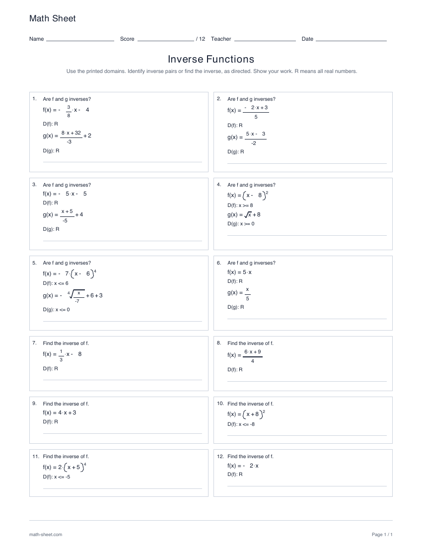 First page preview: Inverse functions worksheets