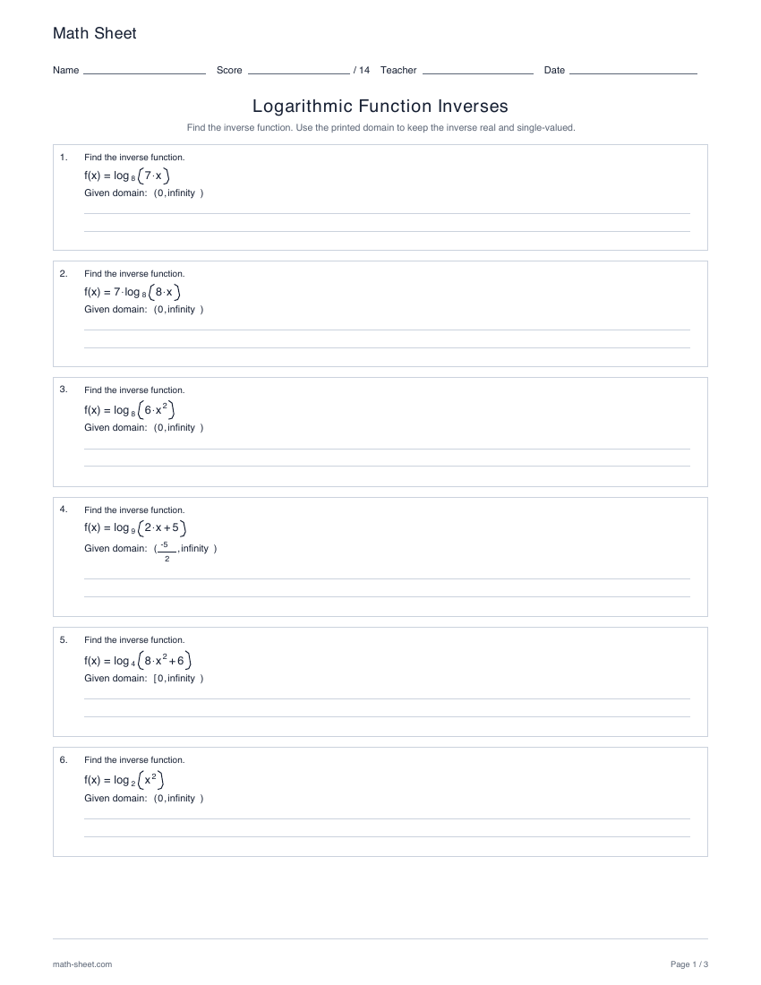 First page preview: Logarithmic function inverses worksheets