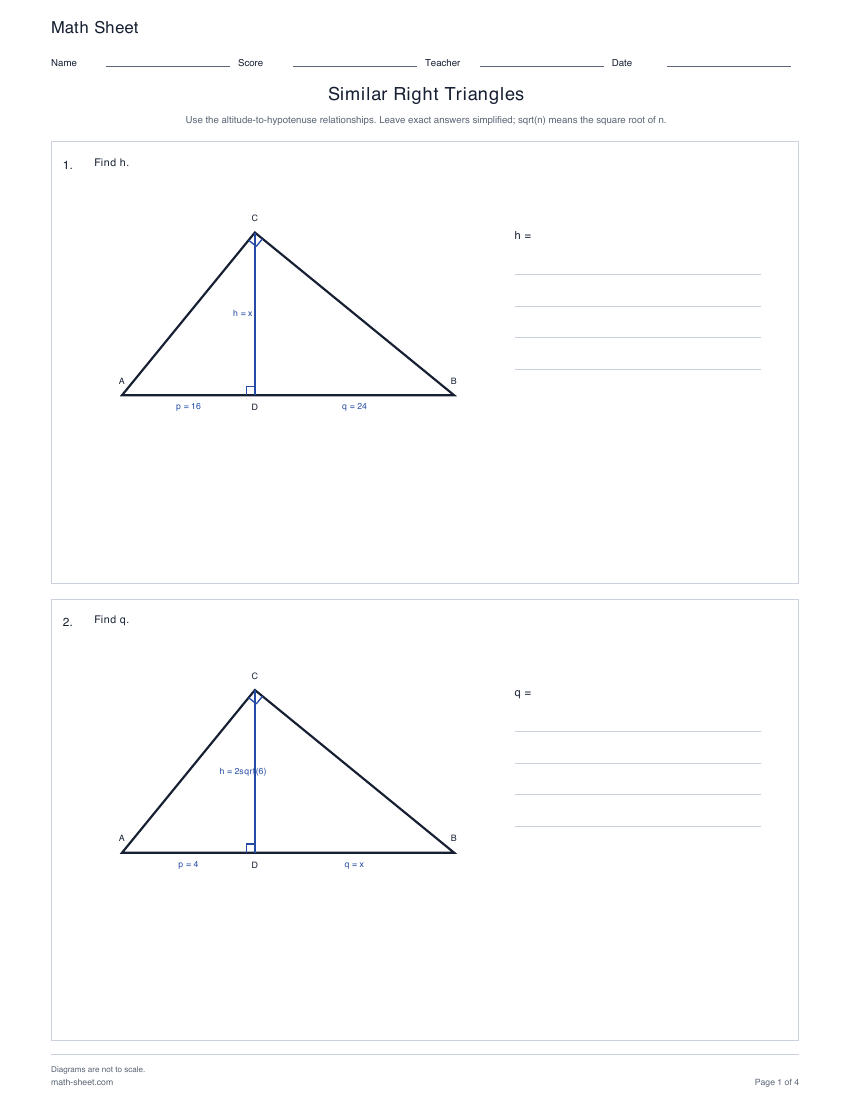 First page preview: Similar Right Triangles Worksheets