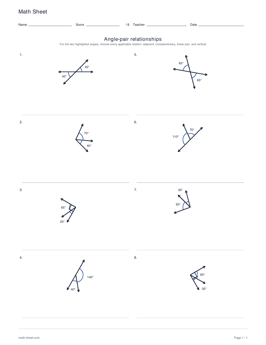 First page preview: Angle-pair relationships worksheets
