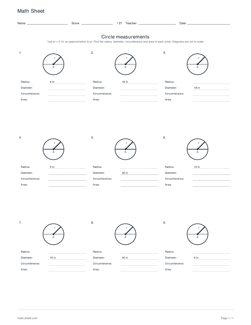 First page preview: Circle measurements worksheets