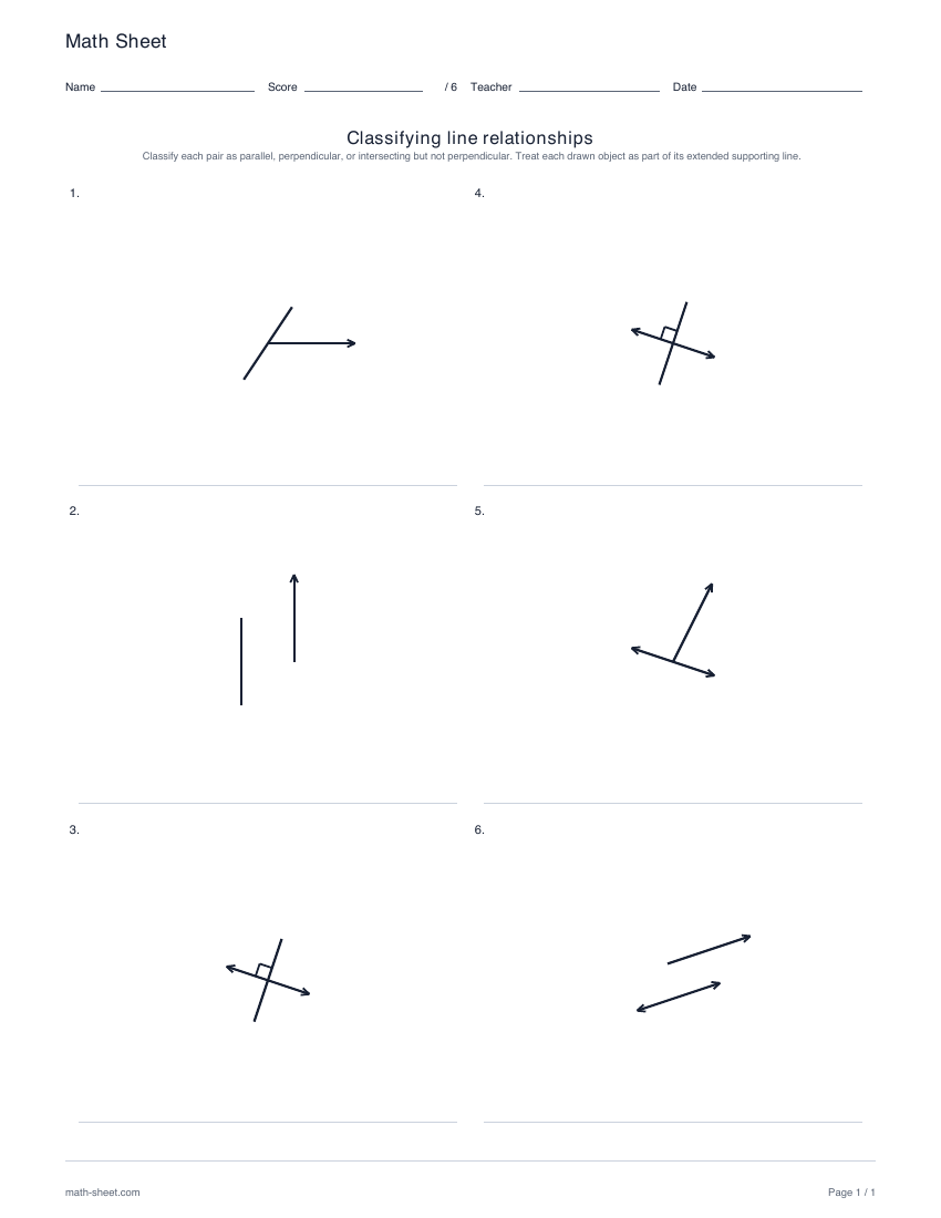 First page preview: Classifying line relationships worksheets