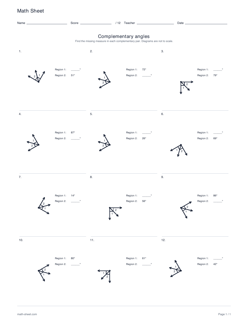 First page preview: Complementary angles worksheets