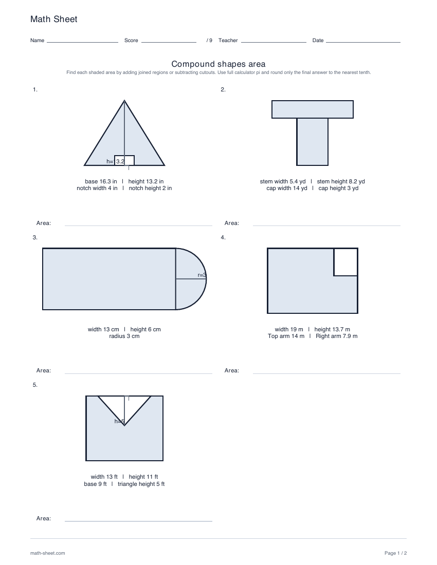 First page preview: Area of composite figures worksheets