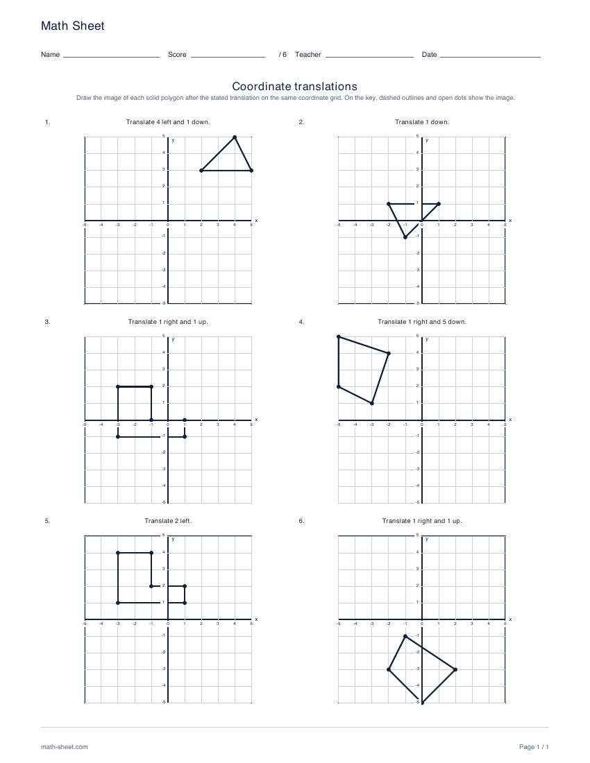 First page preview: Coordinate translations worksheets