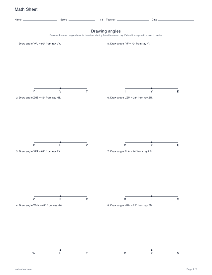 First page preview: Drawing angles worksheets