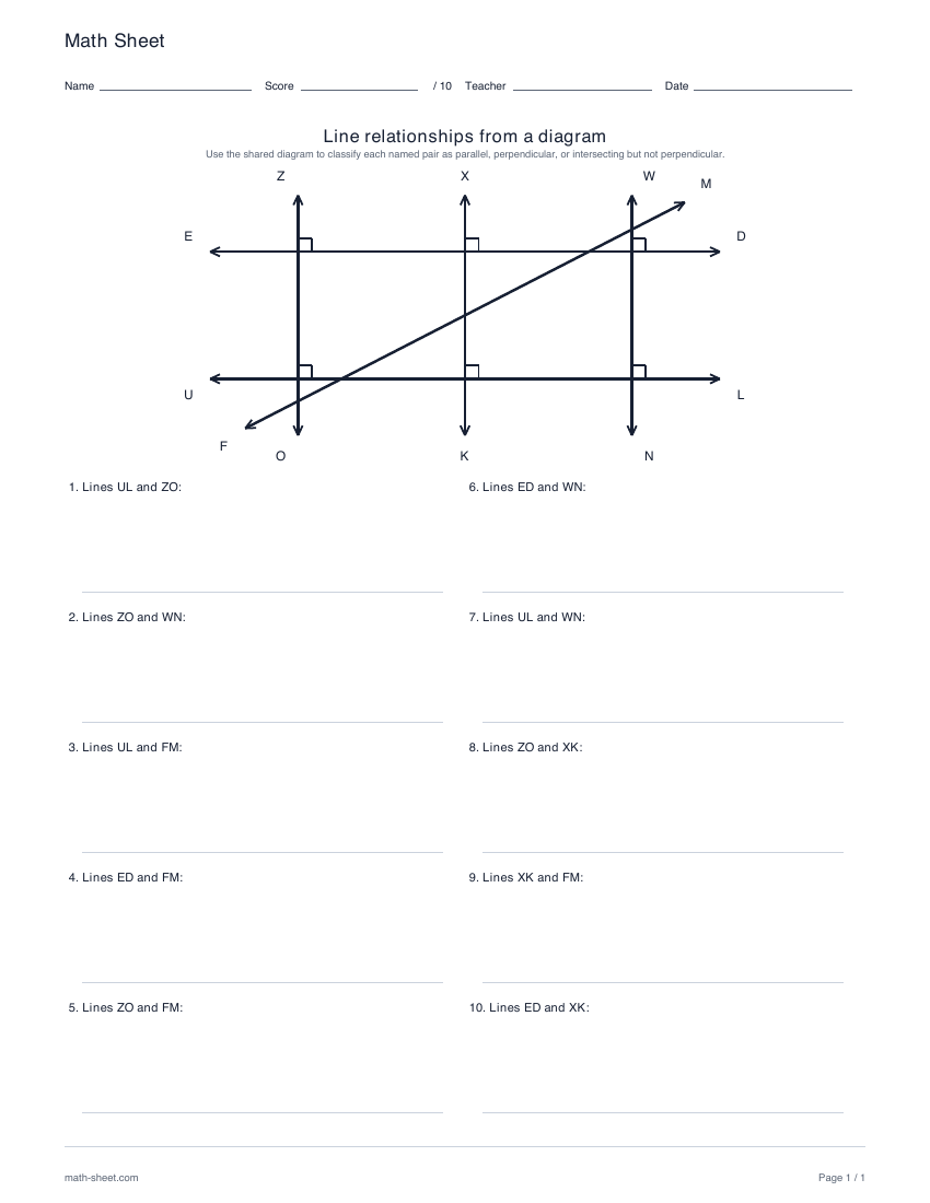 First page preview: Line relationships from a diagram worksheets