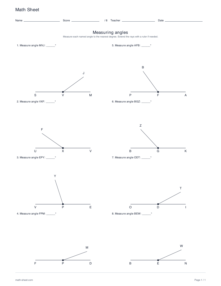 First page preview: Measuring angles worksheets