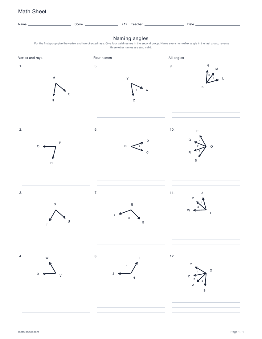 First page preview: Naming angles worksheets