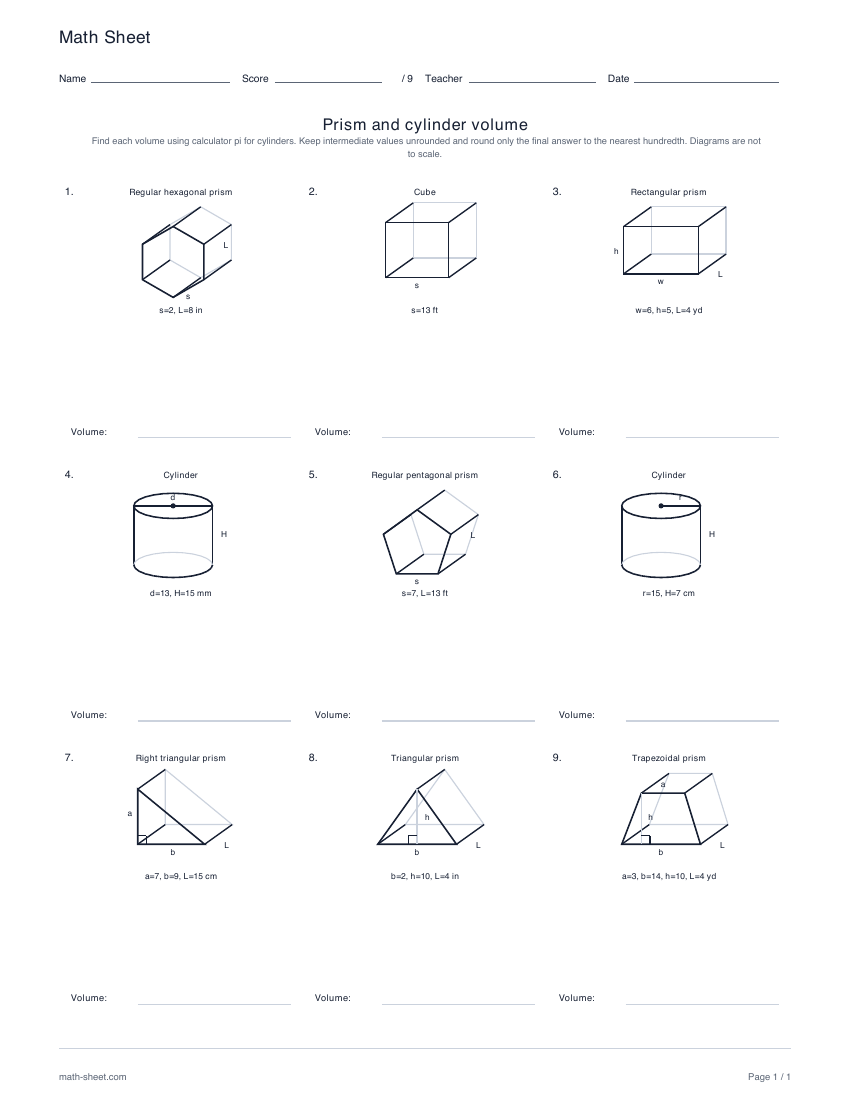 First page preview: Prism and cylinder volume worksheets